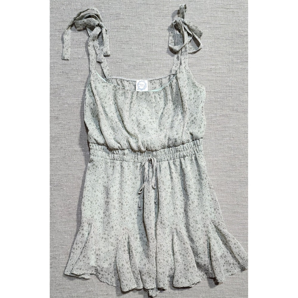 Blue Rain Floral Romper Sage Green Tie Shoulder Ruffle Hem Size Medium